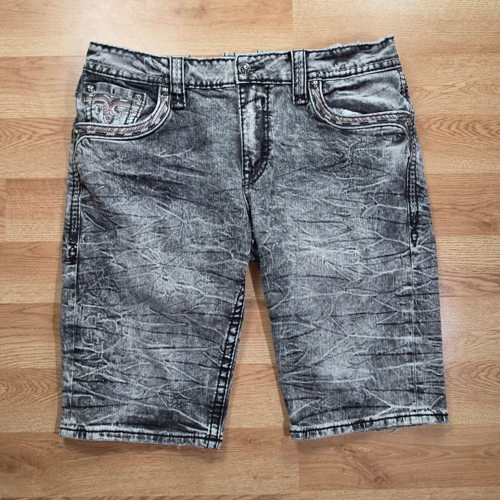 Rock Revival Kliner Shorts Mens 40 TJ2468H205 Acid Wash Grey Denim Fleur-De-Lis